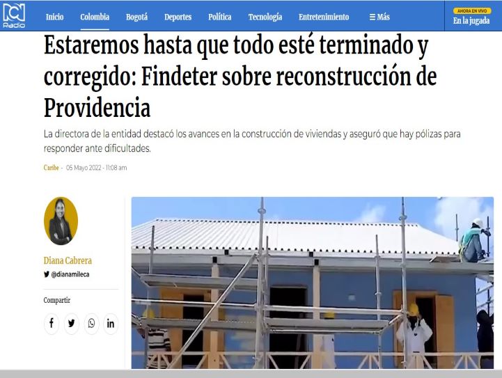 Artículo de RCN sobre el trabajo de Findeter en la reconstrucción de Providencia